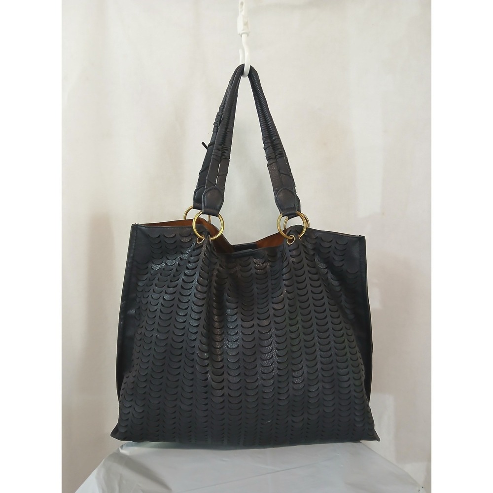 Anthropologie Navy Blue Scalloped Laser Cut Vegan Leather Tote Shoulder Bag